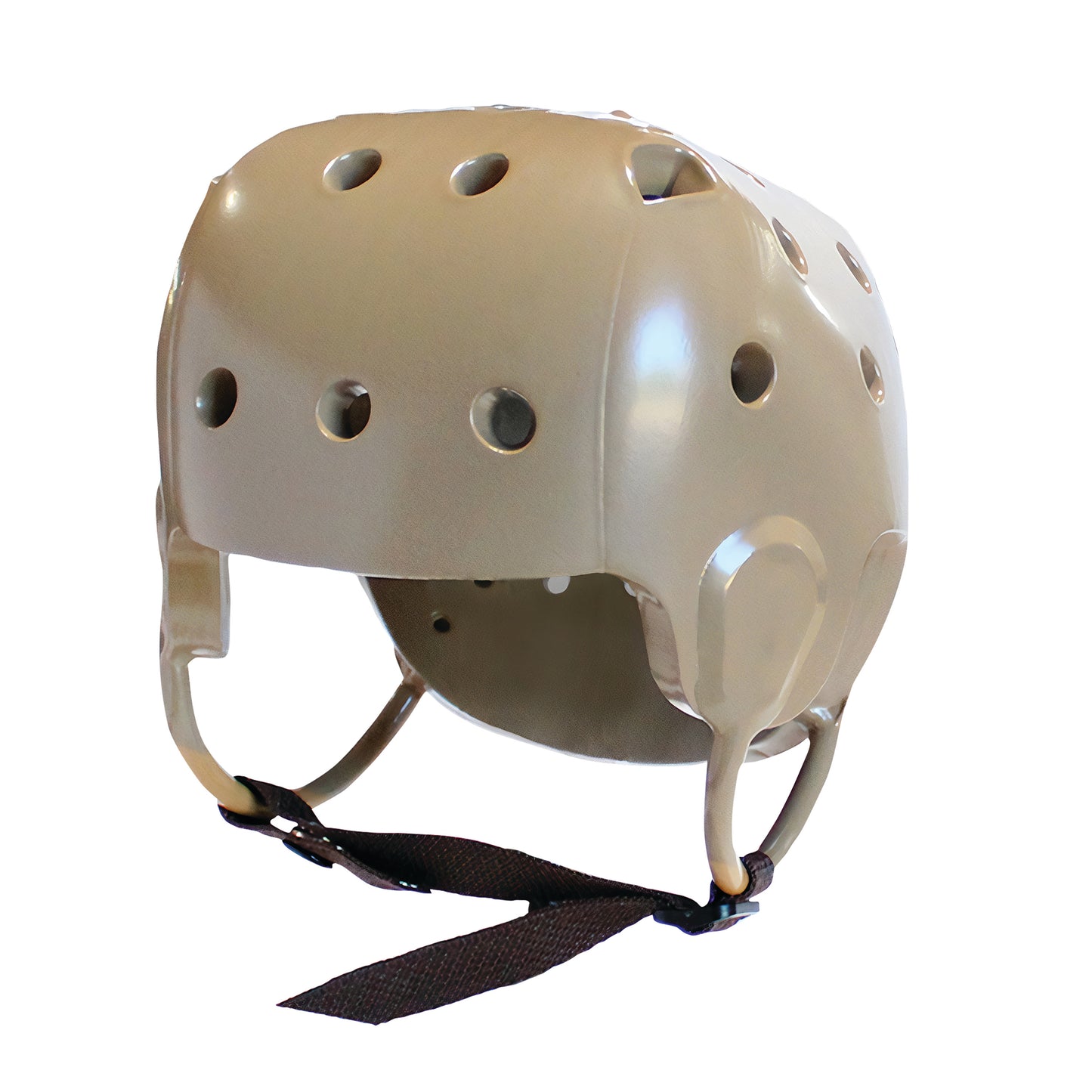 A beige Danmar Products Soft Shell Helmet with ventilation holes and adjustable snap closure chin straps.