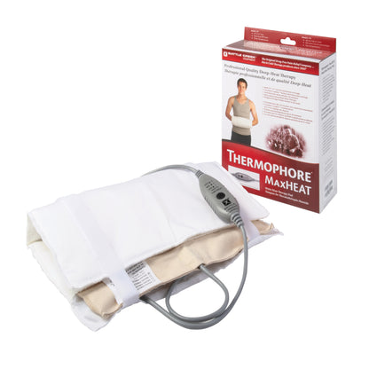 Thermophore MaxHEAT Moist Heat Pack Muff with a control switch is displayed next to its packaging featuring a person wearing it.