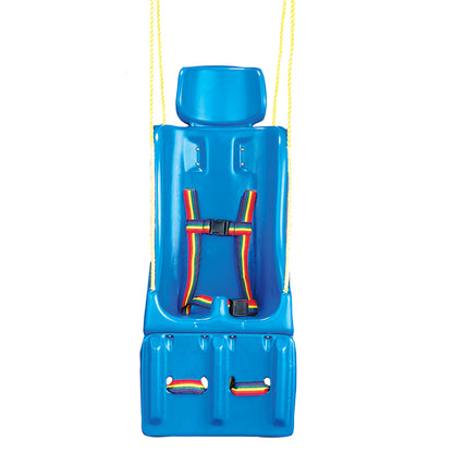 A Tumble Forms2 Swing Seat in blue with yellow ropes and rainbow straps for securing, designed for therapeutic use.