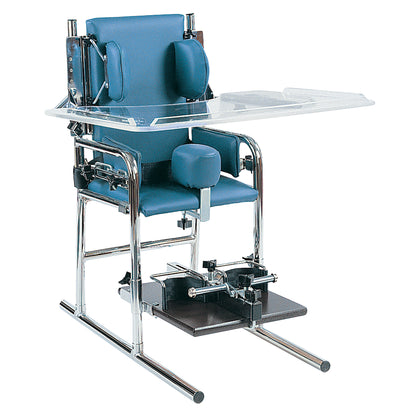 The Adjustable Classroom Chair features blue cushions, chrome frame, a clear tray table, and footrests for support and comfort.