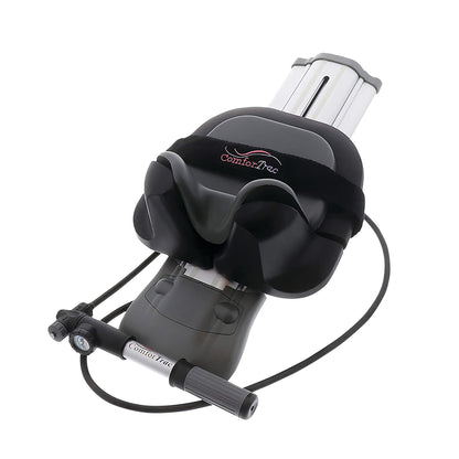 ComforTrac Cervical Traction Unit with a gray, padded headrest, adjustable tension rods, and a hand pump for neck therapy.