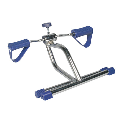 The AliMed Light Workout Folding Exerciser is a compact, chrome-finished pedal exerciser with blue foot straps and non-slip base.