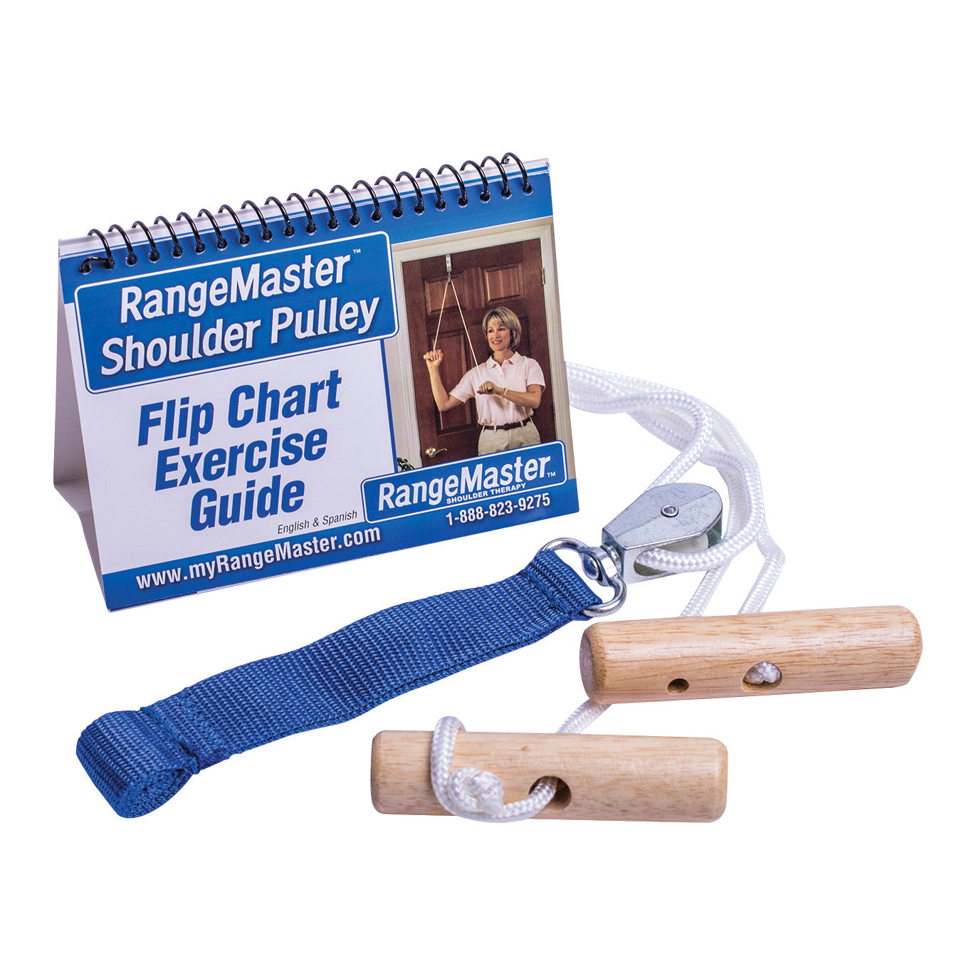 RangeMaster Shoulder Pulley with a wooden handle and exercise guide.