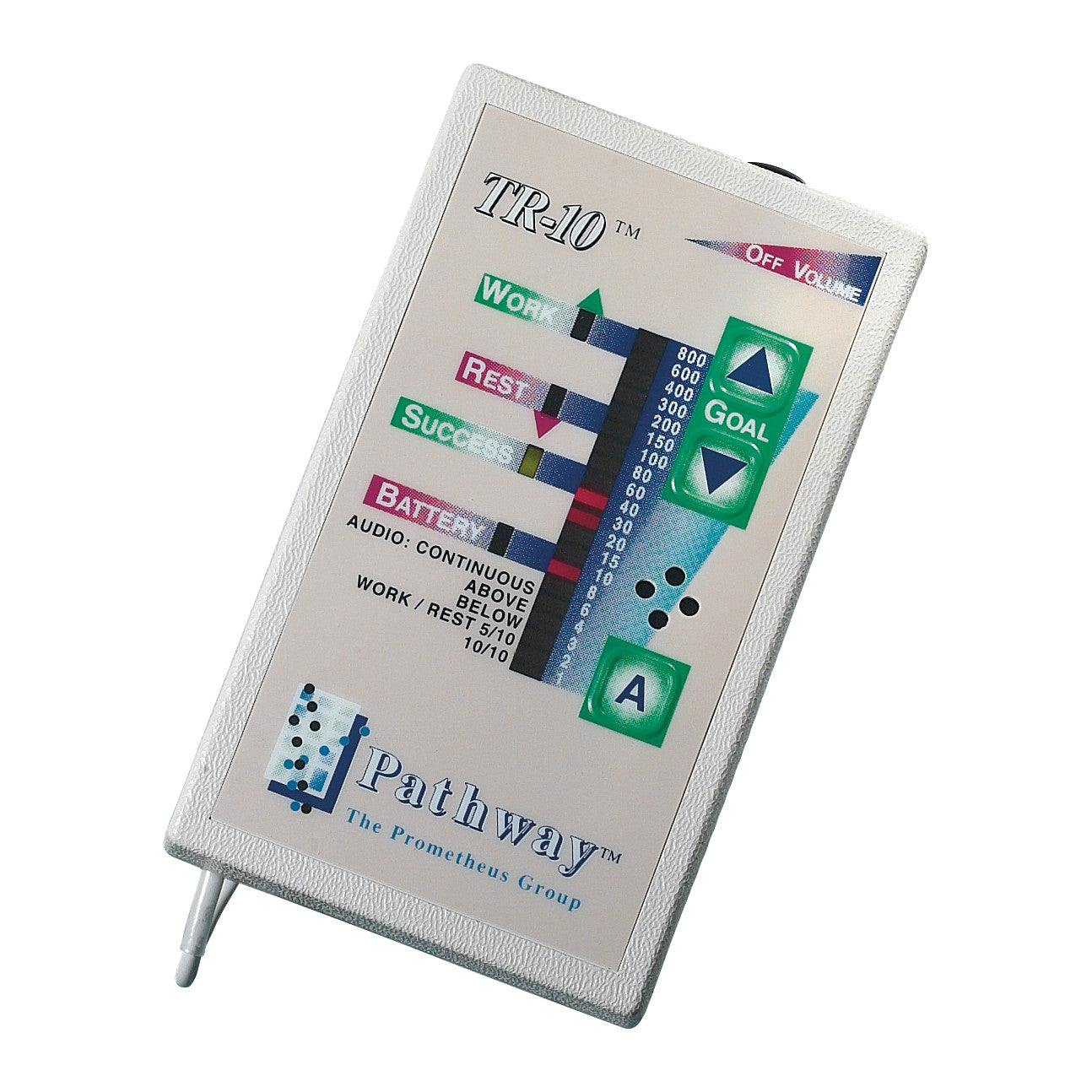 Pathway TR sEMG Trainer device with labeled sections for work, rest, success, and battery, featuring goal arrows and audio settings.