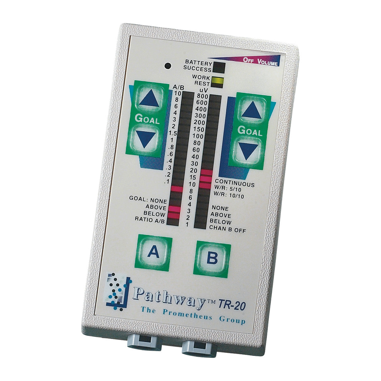 Pathway TR sEMG Trainer device displaying settings and controls with buttons labeled A and B, and indicators for goal settings.