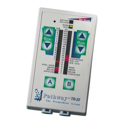 Pathway TR sEMG Trainer device displaying settings and controls with buttons labeled A and B, and indicators for goal settings.