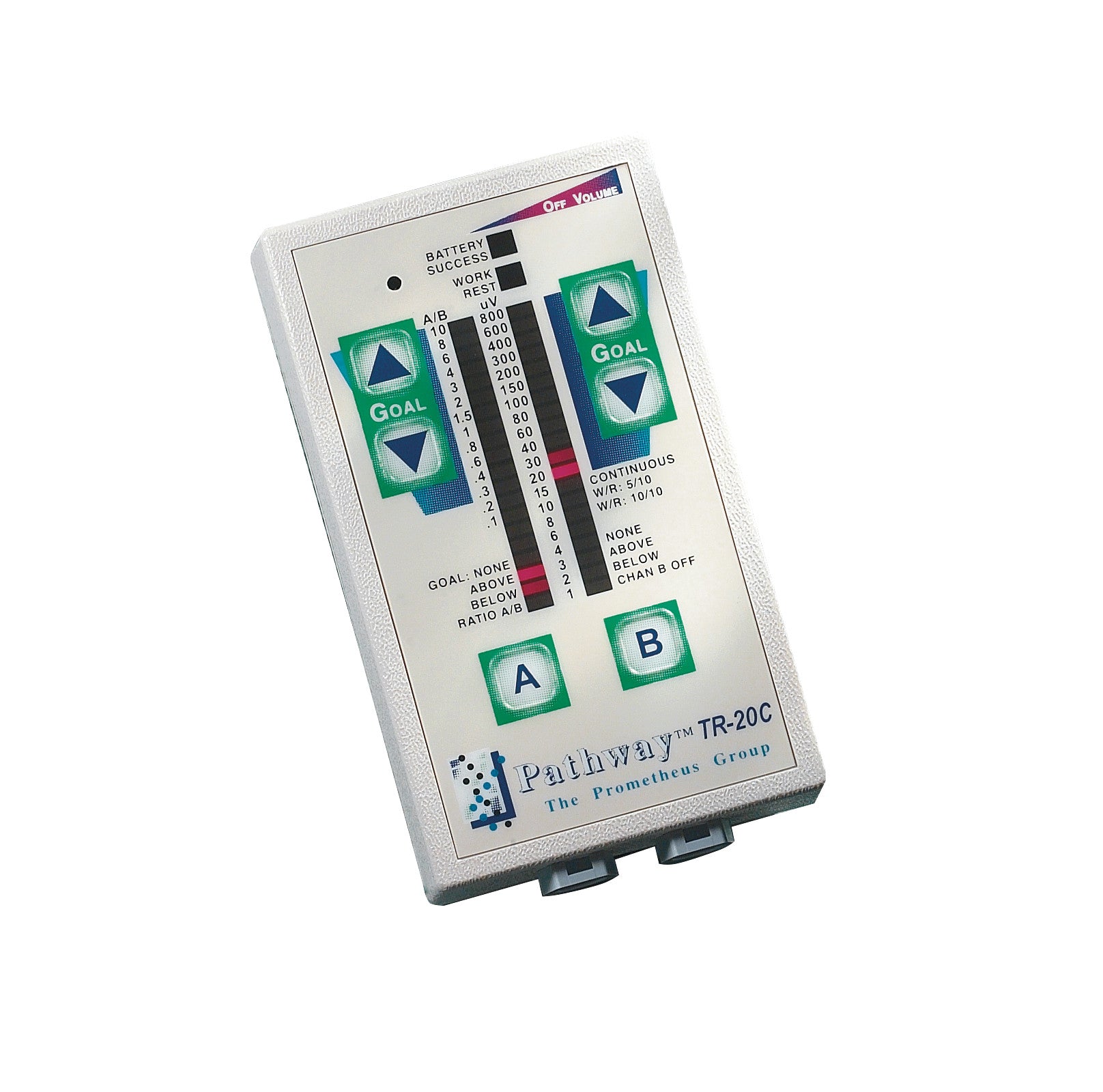 Pathway TR sEMG Trainer device with buttons and settings for monitoring goals, A/B channels, and success indicators.