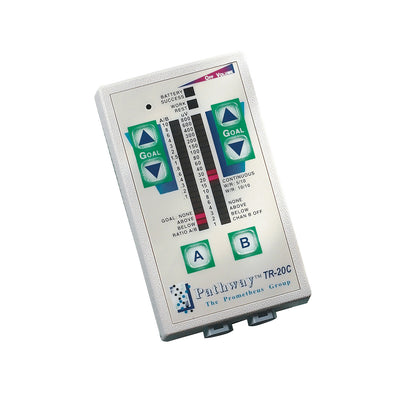 Pathway TR sEMG Trainer device with buttons and settings for monitoring goals, A/B channels, and success indicators.