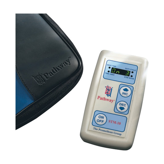 A Pathway STM 10 Vaginal and Rectal Intracavity Stimulator with a digital display and buttons, next to a black zippered case.