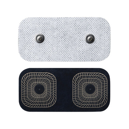 Two UltraStim Snap Electrodes, one white with snap connectors and one black with intricate grid patterns  for therapeutic use.