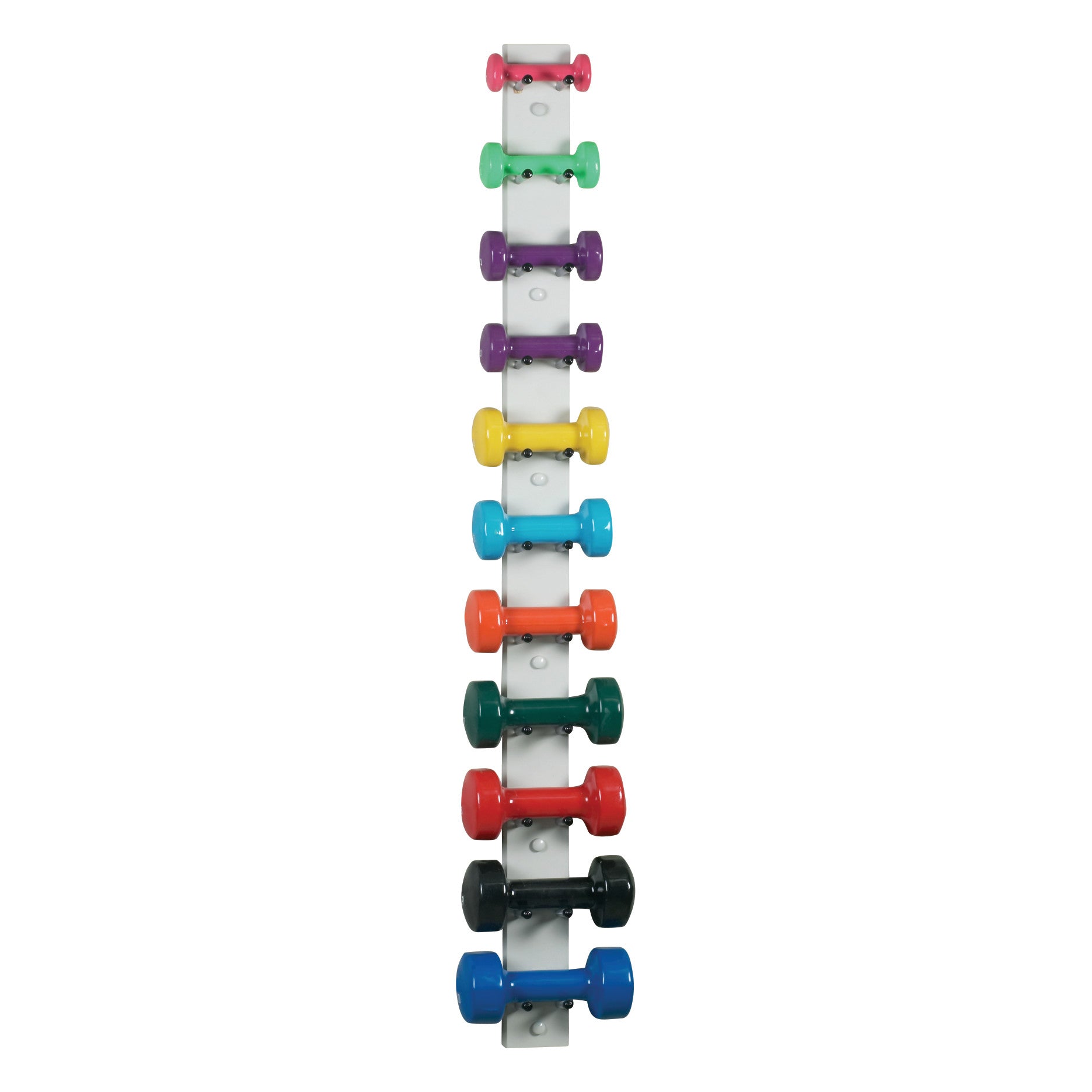 Clinton Dumbbell Strip holding eight pairs of colorful dumbbells lined vertically, featuring purple, yellow, orange, and blue weights.