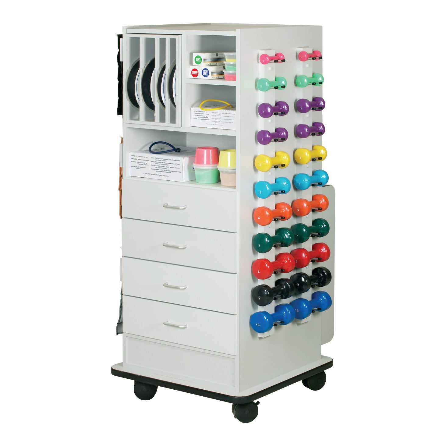 Clinton Zeus SuperRac storage cart with shelves for workout gear, including colorful dumbbells and various exercise supplies.