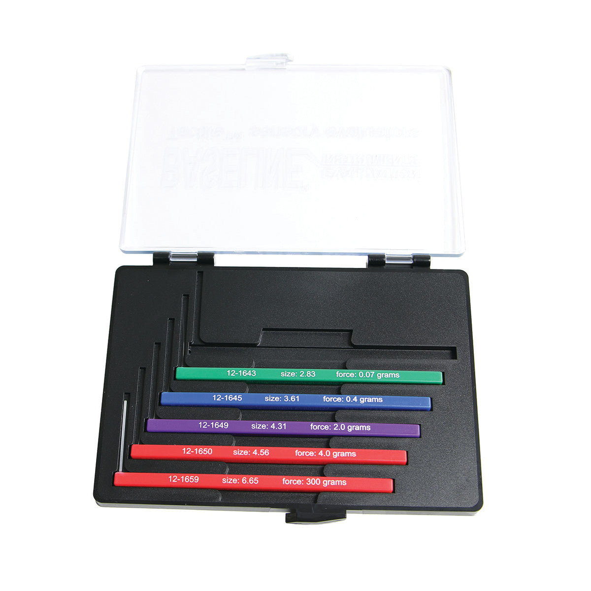 Baseline Hand Monofilament Set in a black case with six monofilaments of various colors, sizes, and force measurements.