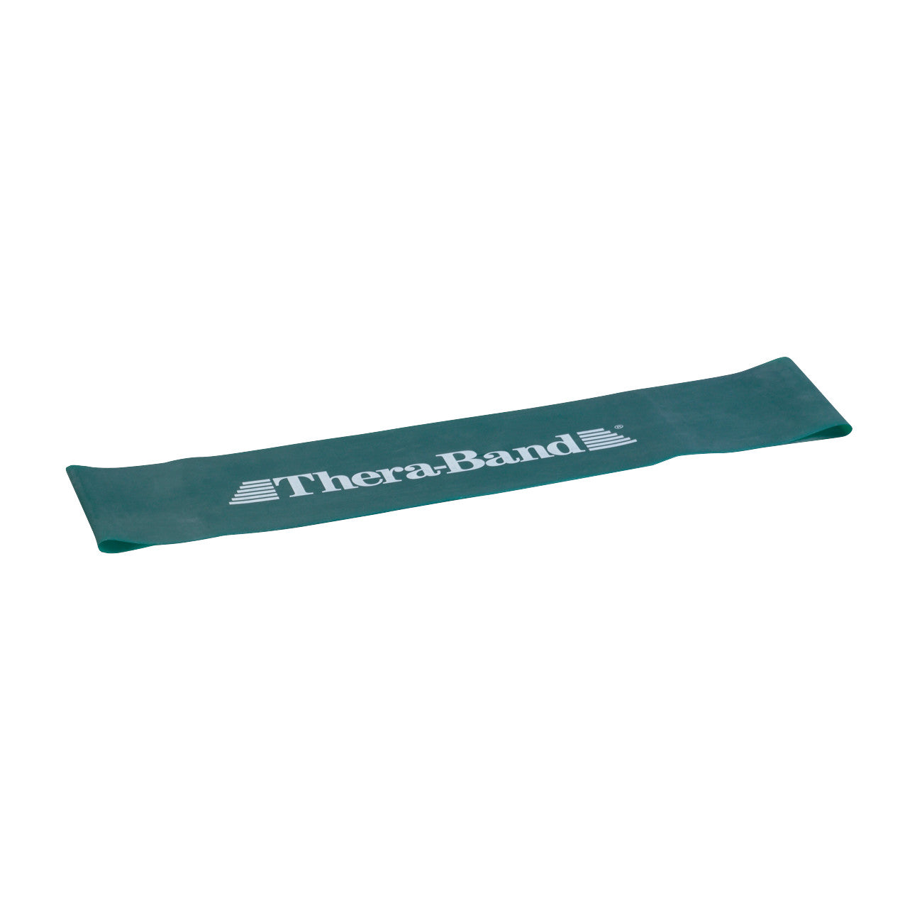 THERABAND Resistance Band Loop in green lies flat, featuring the brand's logo in white lettering across its surface.