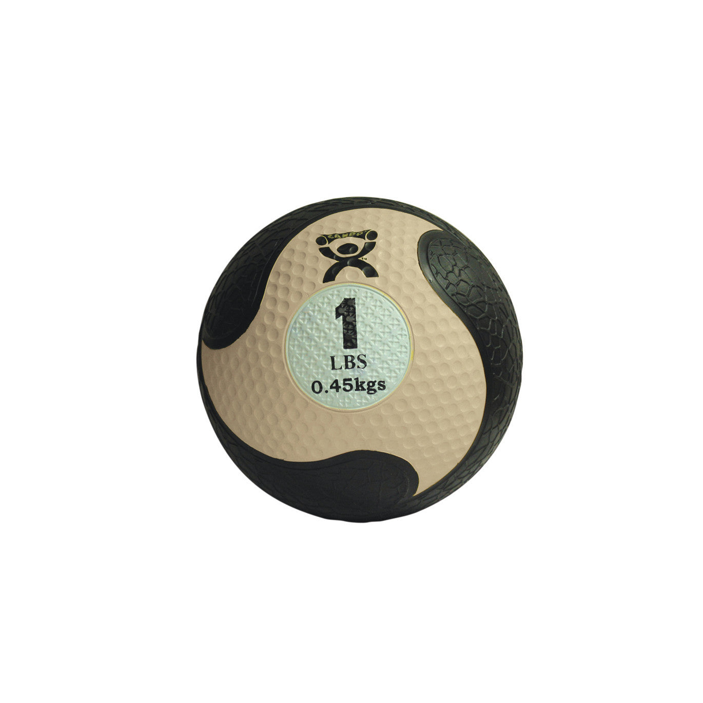 The CanDo Rubber Medicine Ball is beige with black textured panels, weighs 1 lb and has a small weight icon on the surface.