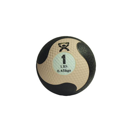 The CanDo Rubber Medicine Ball is beige with black textured panels, weighs 1 lb and has a small weight icon on the surface.