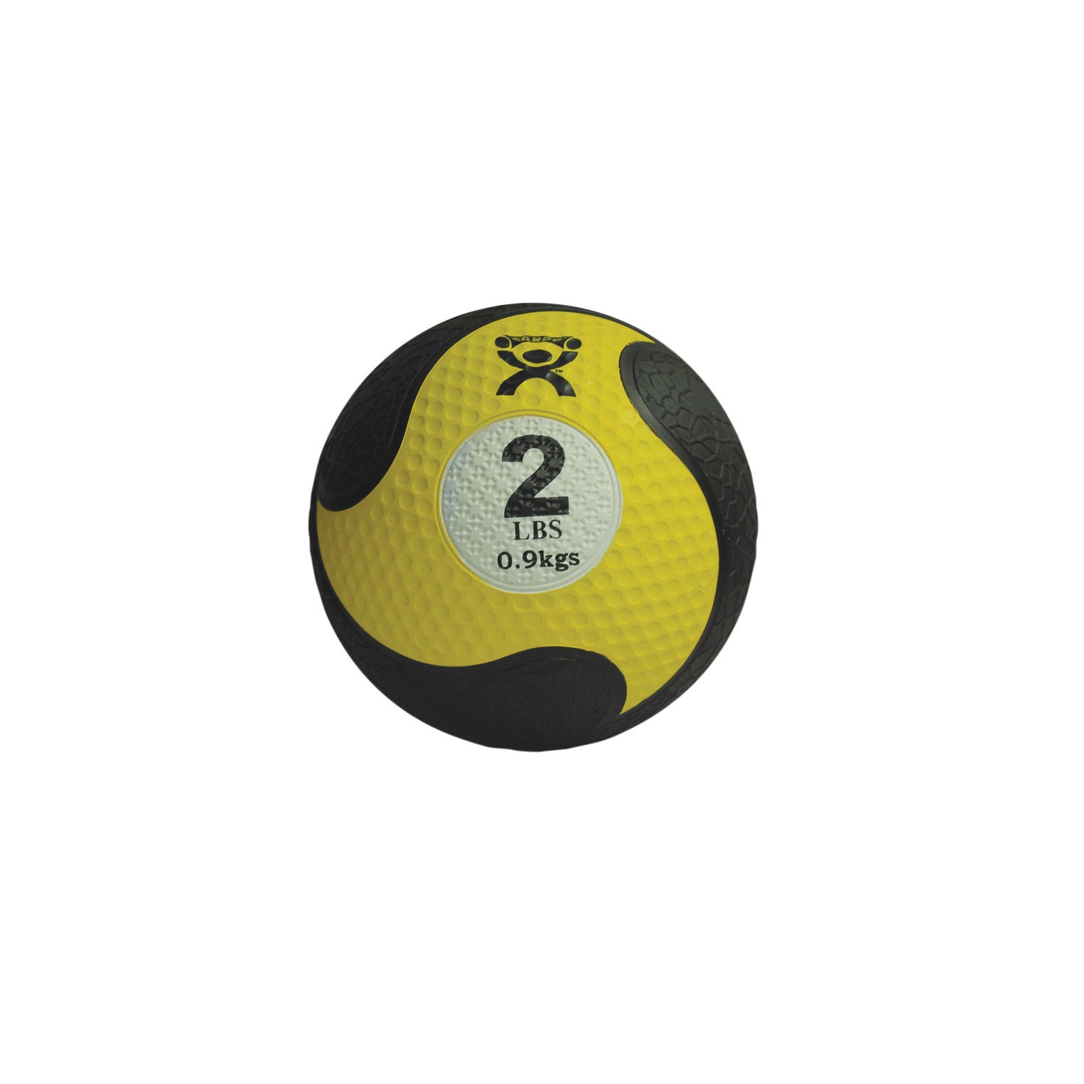 The CanDo Rubber Medicine Ball is yellow and black, weighs 2 lbs (0.9 kgs), and has a textured surface with a white center label.