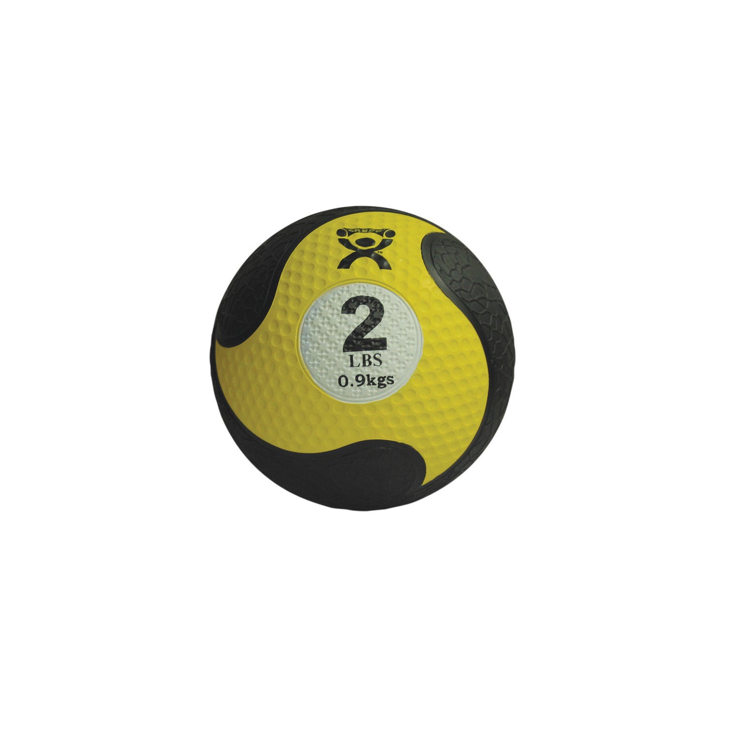 The CanDo Rubber Medicine Ball is yellow and black, weighs 2 lbs (0.9 kgs), and has a textured surface with a white center label.