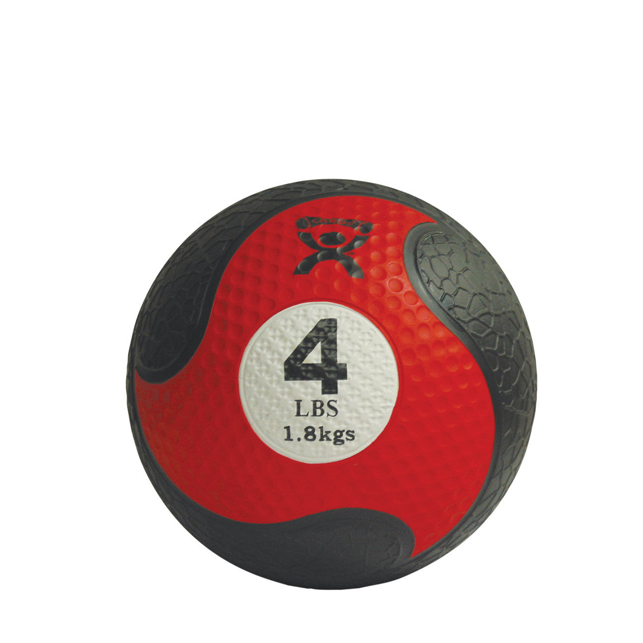 CanDo Rubber Medicine Ball with a black and red textured surface, marked with "4 LBS" and "1.8 kgs" in a white circle.