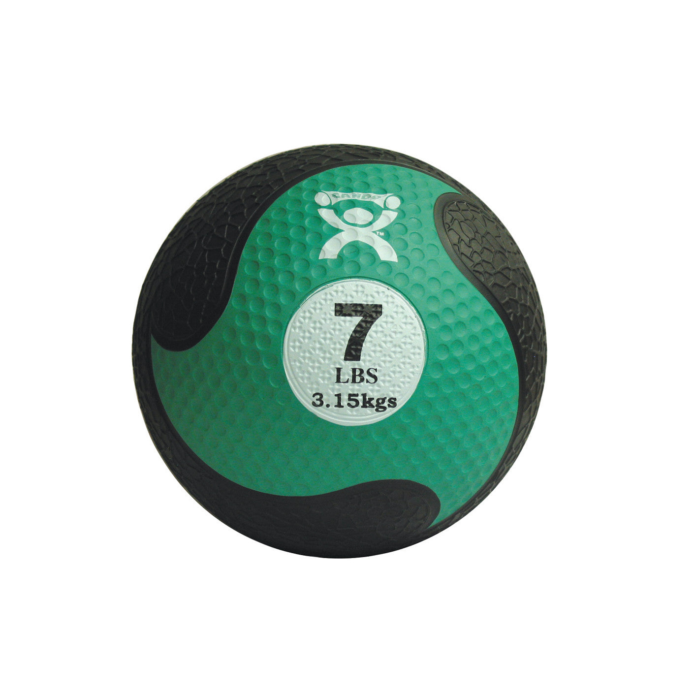 A green and black CanDo Rubber Medicine Ball weighs 7 lbs (3.15 kgs) with a textured surface and a white label displaying the weight.