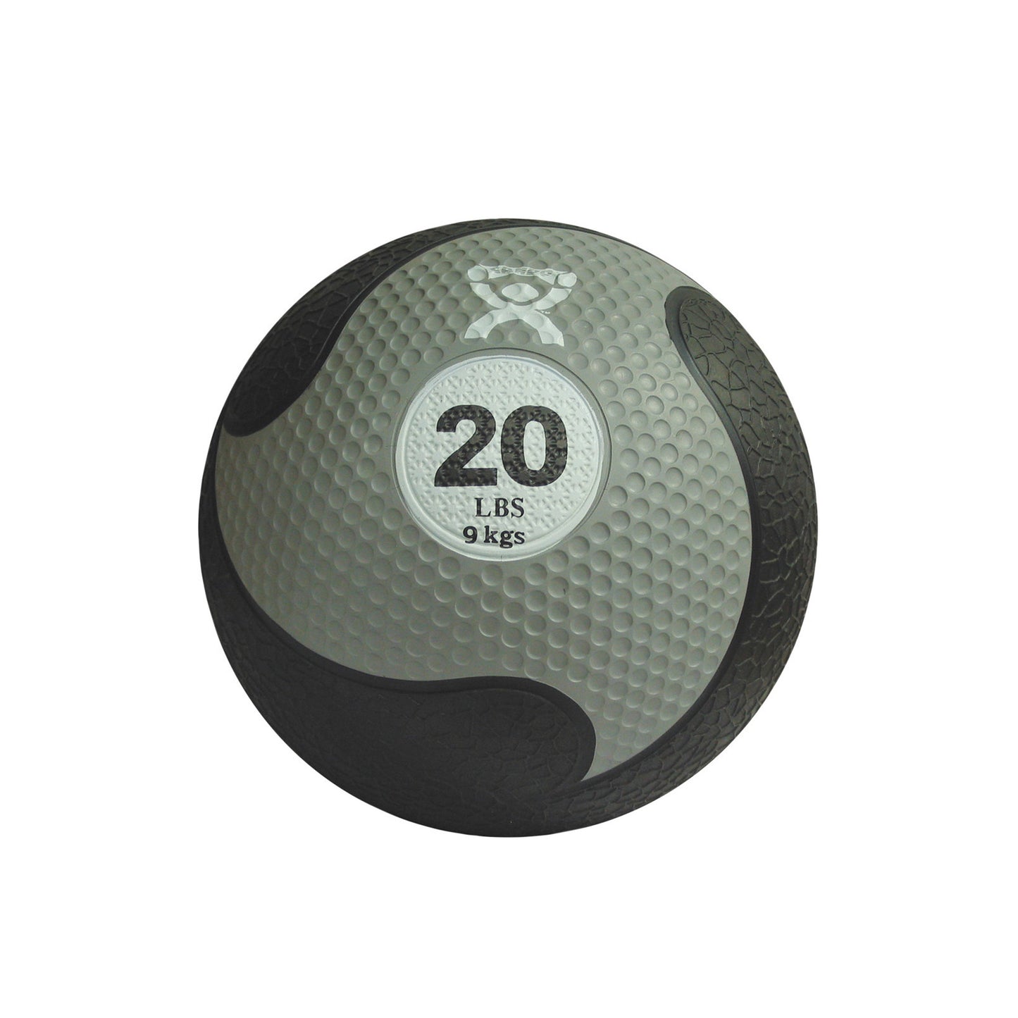 CanDo Rubber Medicine Ball weighing 20 lbs (9 kgs) features a textured black and gray surface for grip and exercise use.