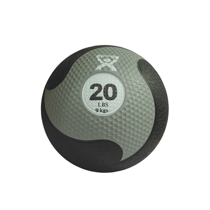 CanDo Rubber Medicine Ball weighing 20 lbs (9 kgs) features a textured black and gray surface for grip and exercise use.