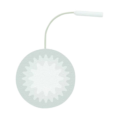 A Uni-Patch StarBurst Electrode with a circular starburst design and an attached wire and connector for medical use.