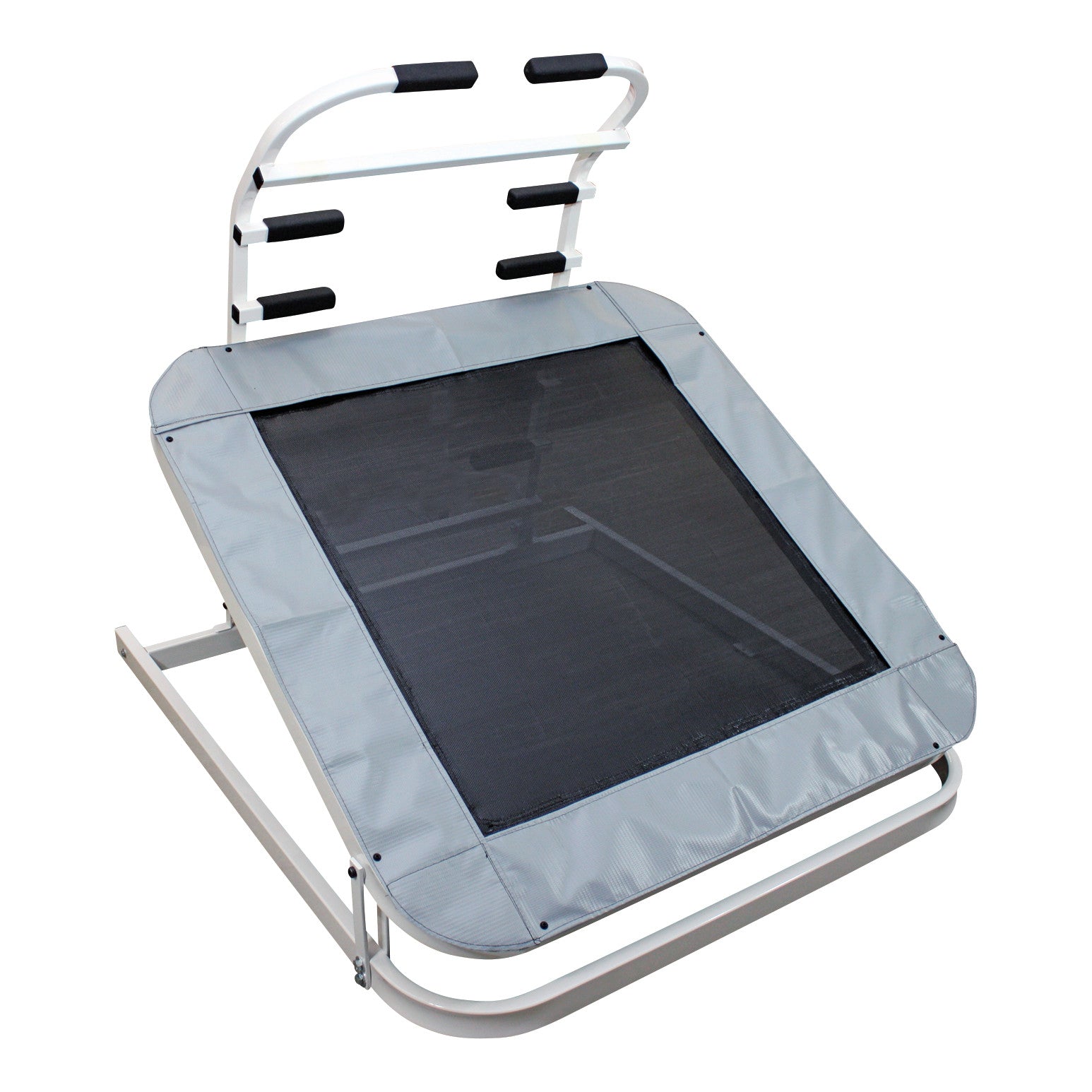 The Deluxe Square Rebounder features a silver-gray frame, a rectangular black mat, and a handle with black foam grips for support.