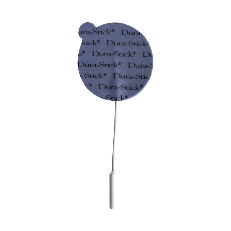 The image depicts a Chattanooga Dura-Stick Plus Electrode, a round adhesive pad attached to a wire for medical use.