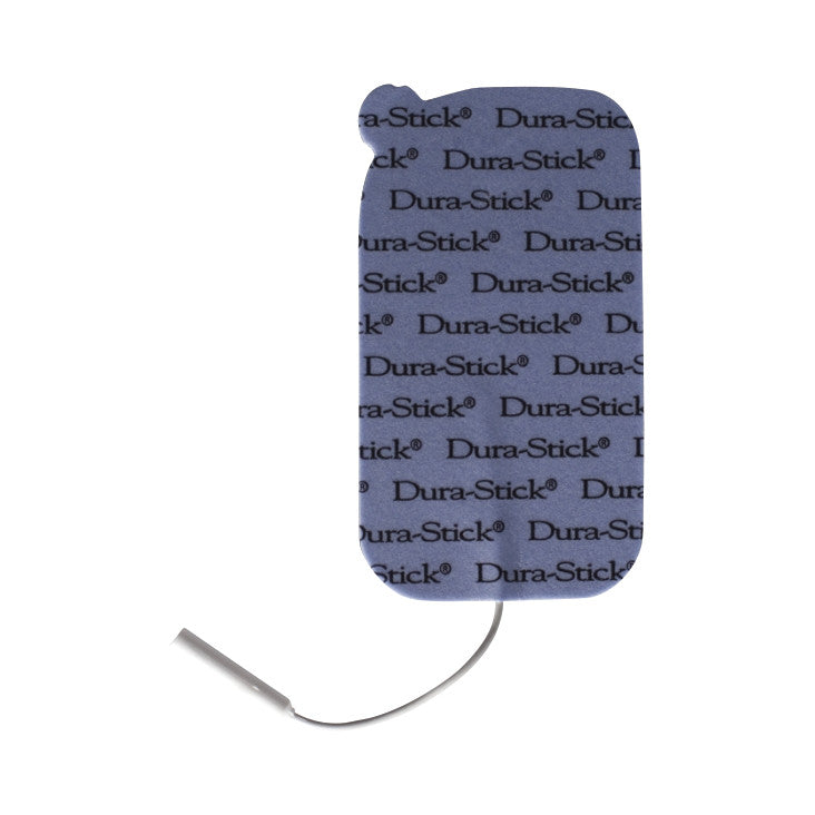 The image features a Chattanooga Dura-Stick Plus Electrode with a blue surface, patterned with its name, and a wire attached.