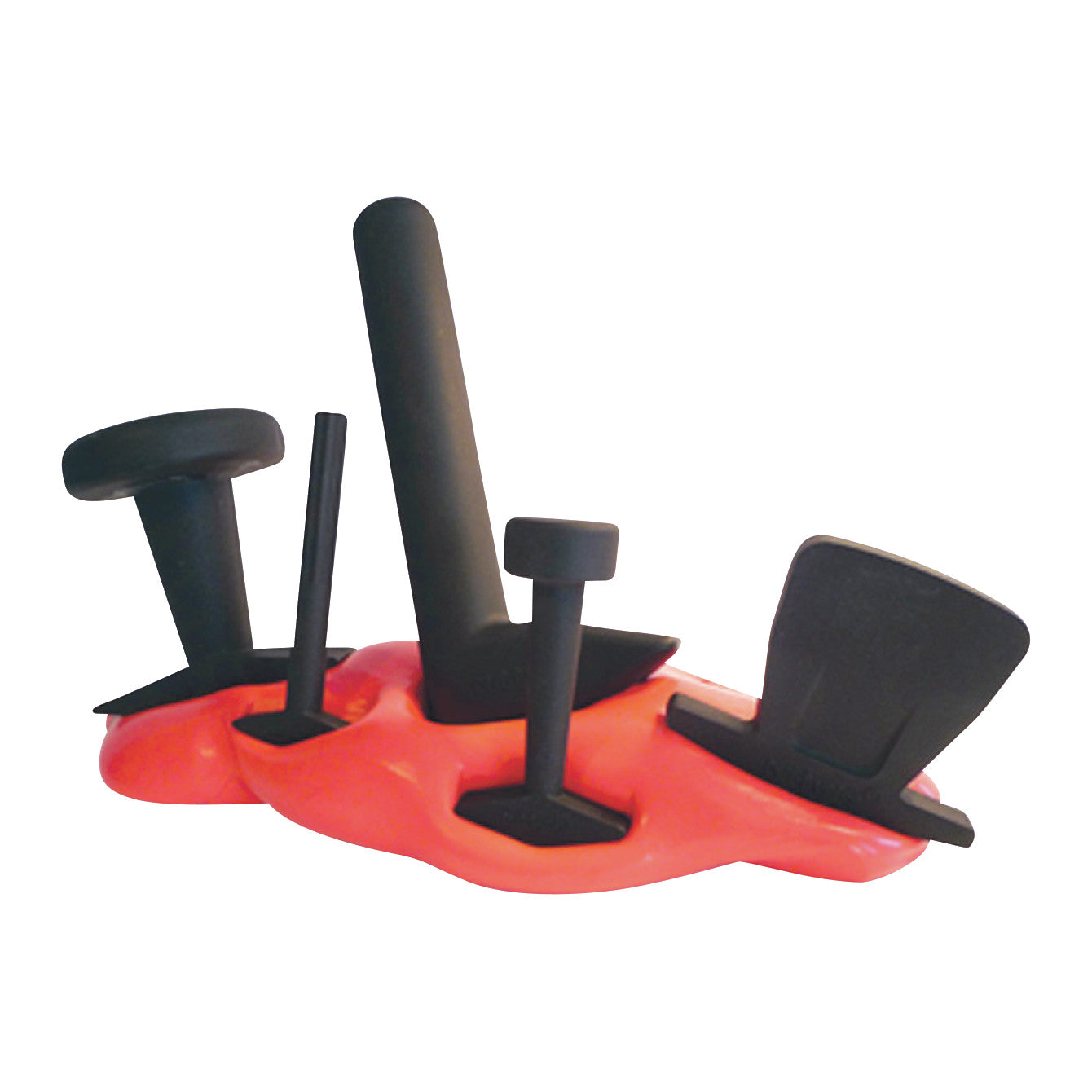 The Puttycise Tool Set includes five black hand tools embedded in a flexible, red putty base, used for hand therapy exercises.