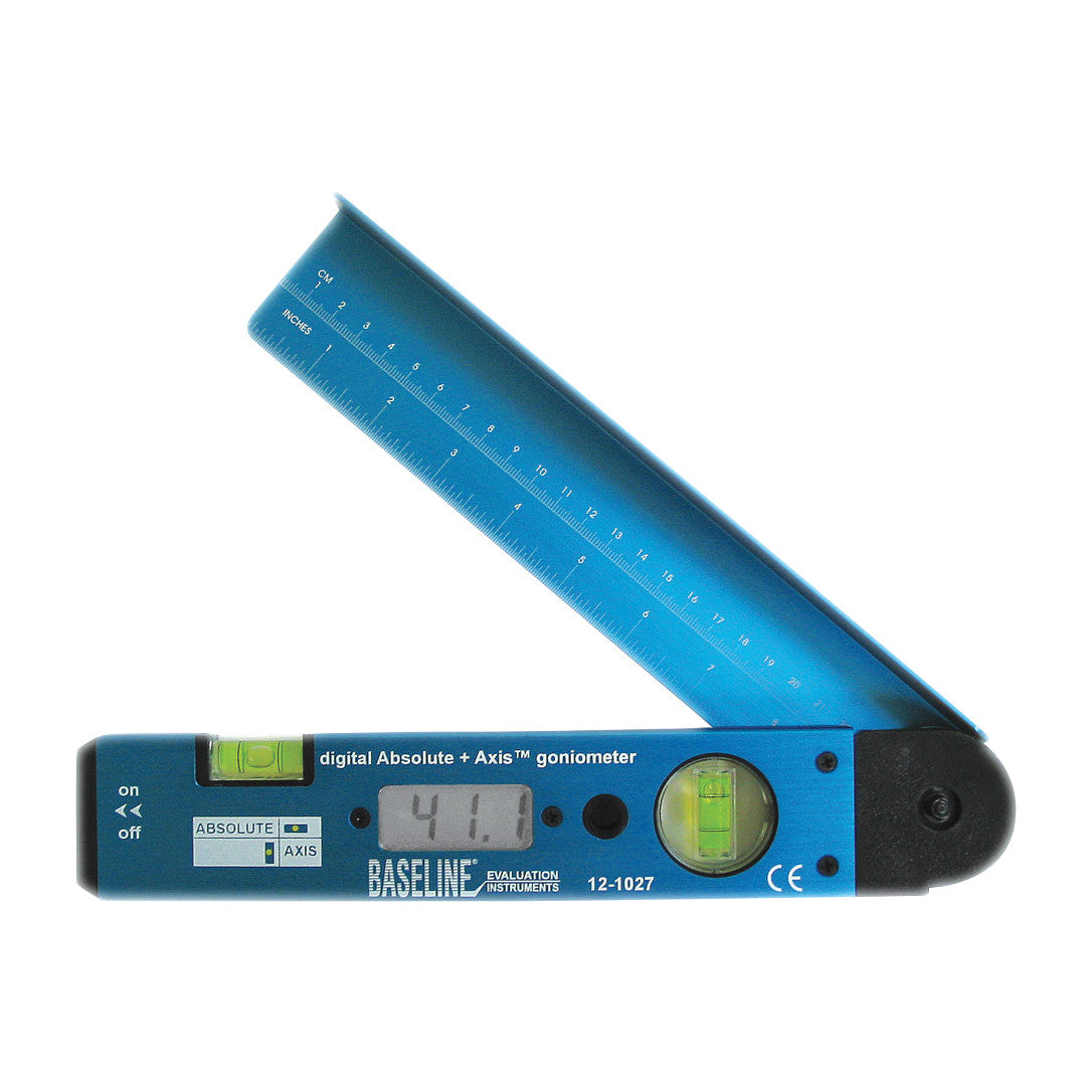 The Baseline Digital Absolute Axis Goniometer has an adjustable arm with a ruler and digital display for measuring angles.