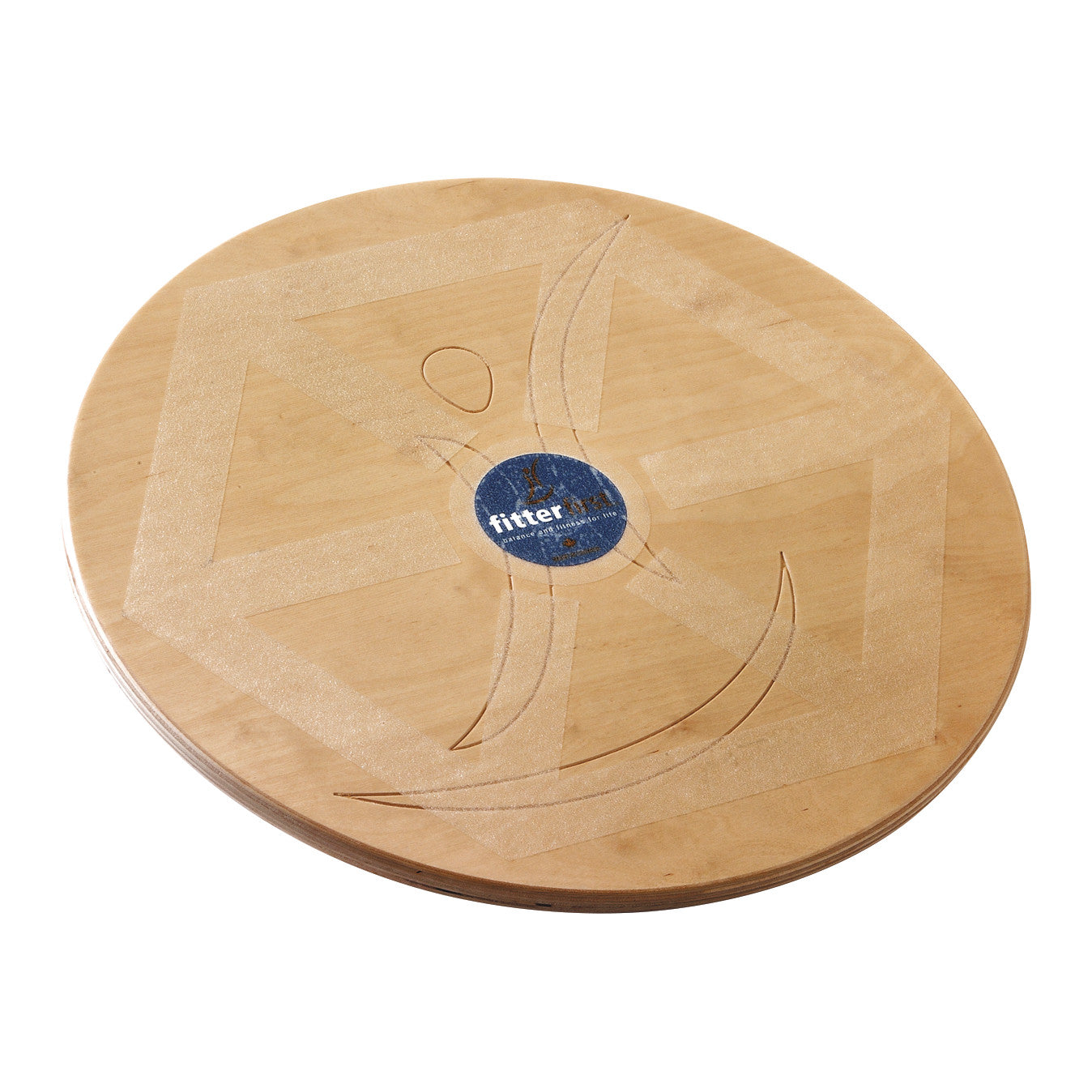 The Fitterfirst Professional Balance Board is a wooden circular platform with a textured surface and central blue label.