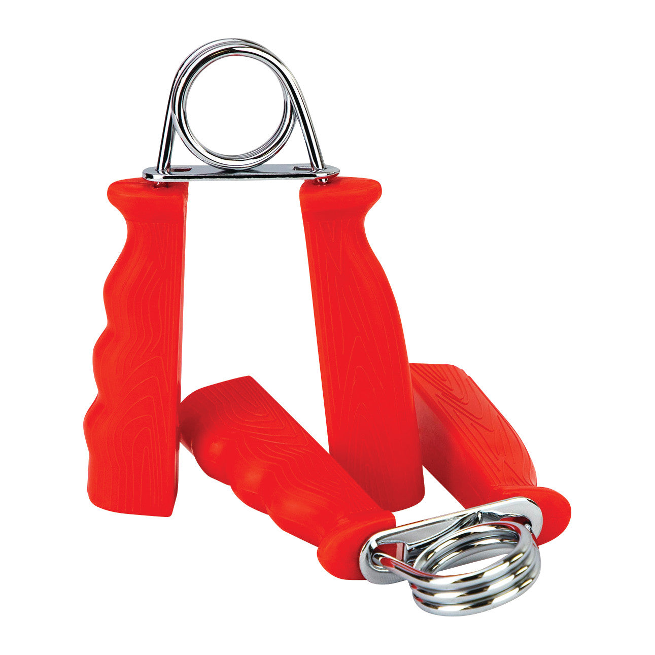 Red-handled CanDo Fixed Resistance Grip Exerciser with metal coil spring, designed for hand strength training and rehabilitation.