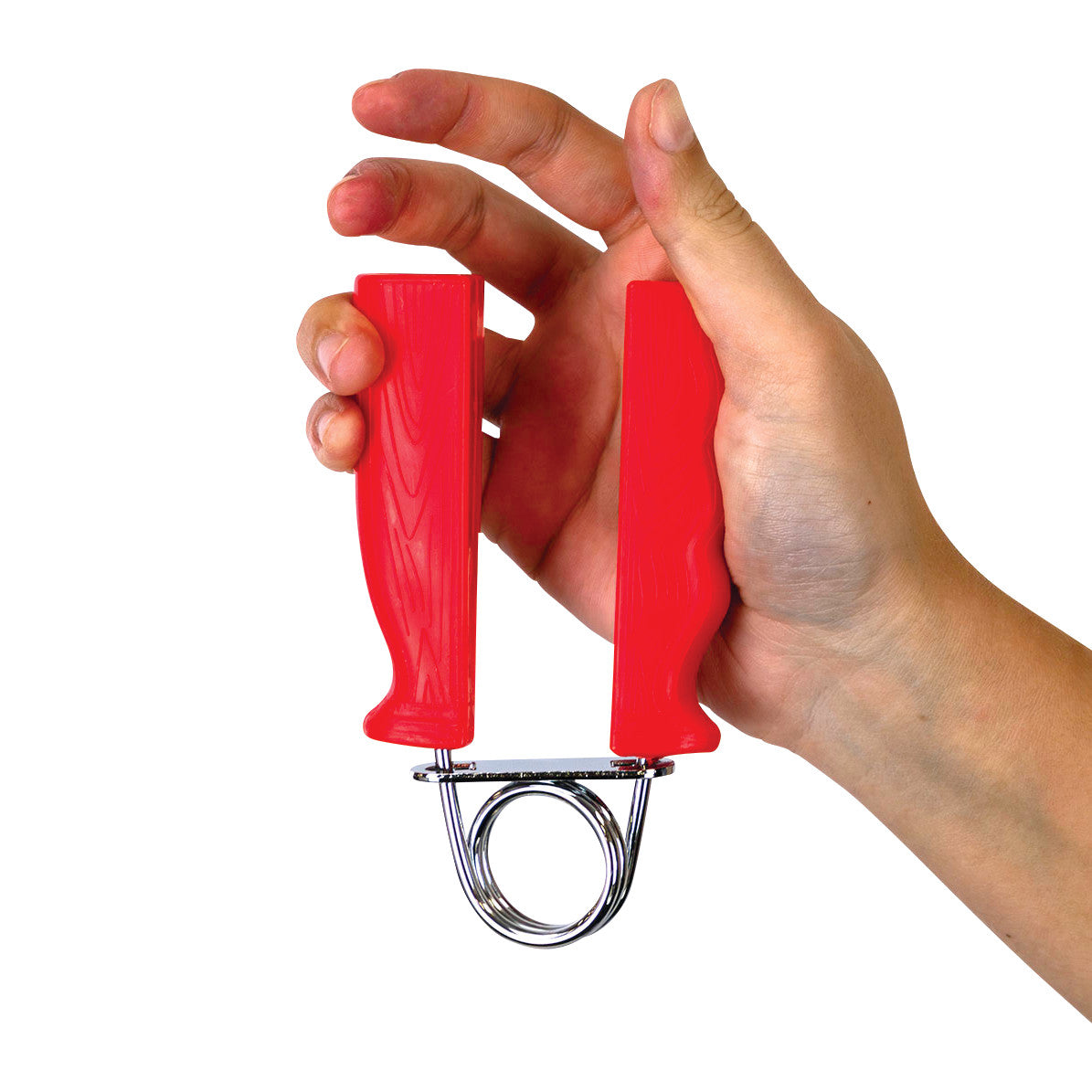 A hand grips the CanDo Fixed Resistance Grip Exerciser, featuring red handles and a metal spring for hand strengthening.