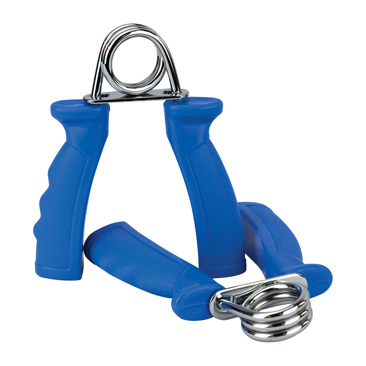 Two blue CanDo Fixed Resistance Grip Exerciser tools with metal springs for hand strength training, positioned on a white background.