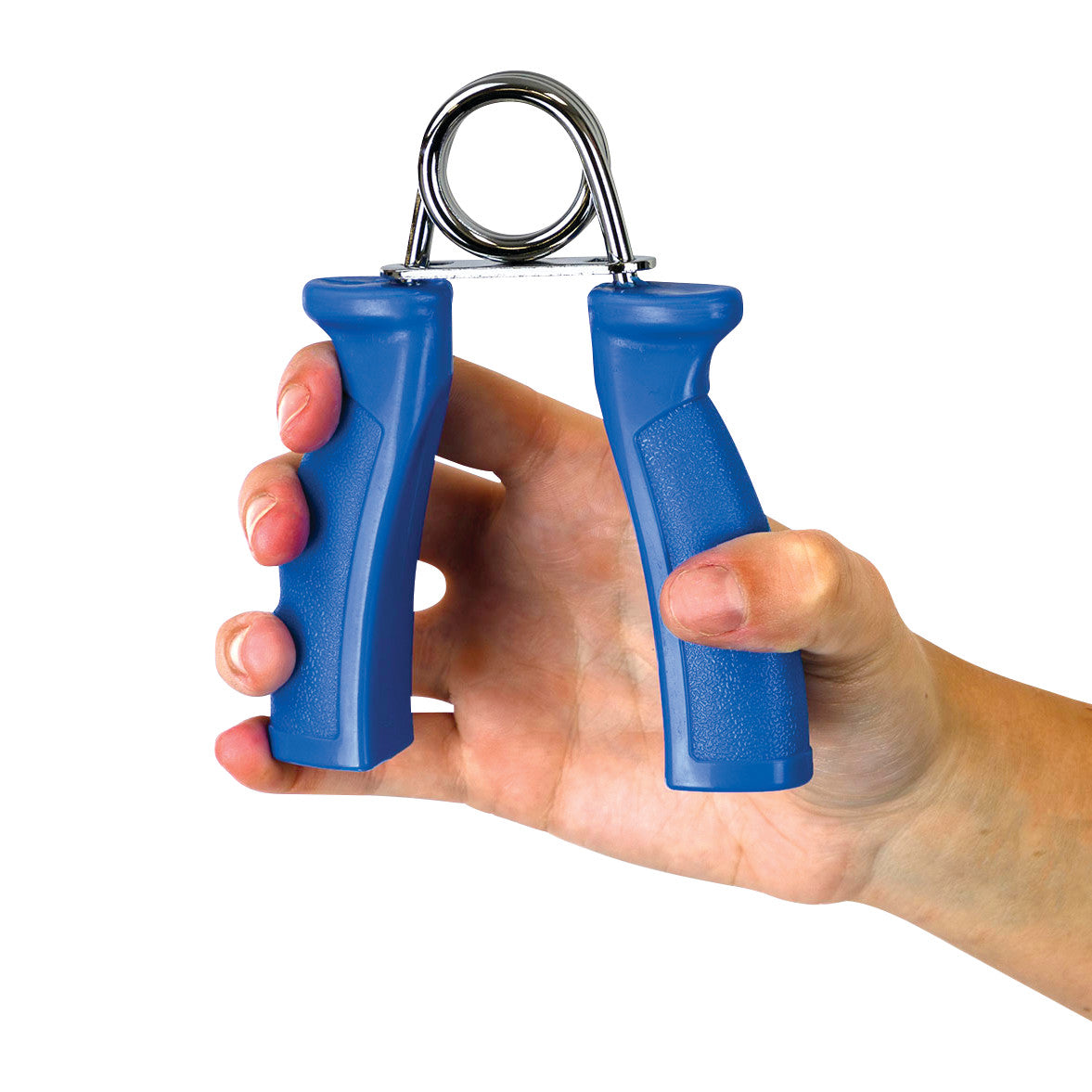 A hand squeezes the CanDo Fixed Resistance Grip Exerciser, featuring two blue handles connected by a metal spring.