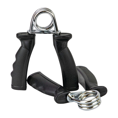 CanDo Fixed Resistance Grip Exerciser with black handles and metal spring for hand strengthening, used for grip training.