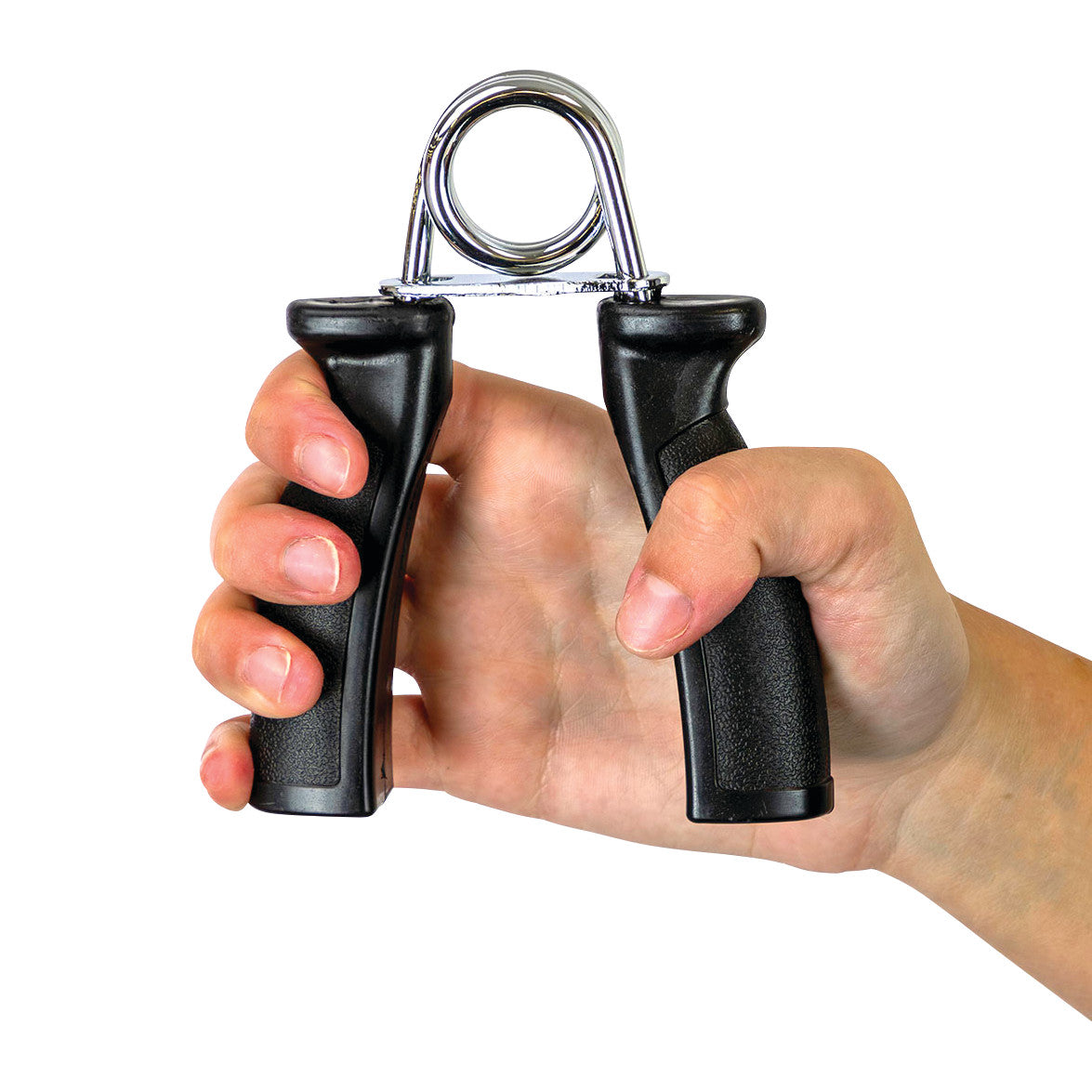A hand holds a CanDo Fixed Resistance Grip Exerciser with black handles and a metal tension spring.