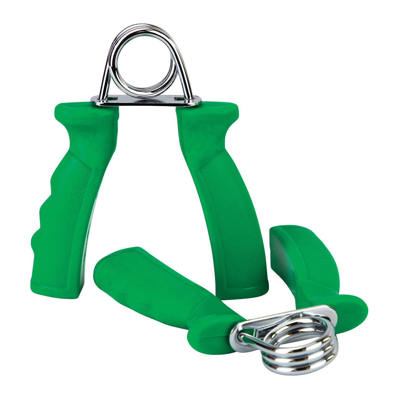 Green CanDo Fixed Resistance Grip Exerciser with plastic handles and a metal spring, designed for hand and finger strengthening.