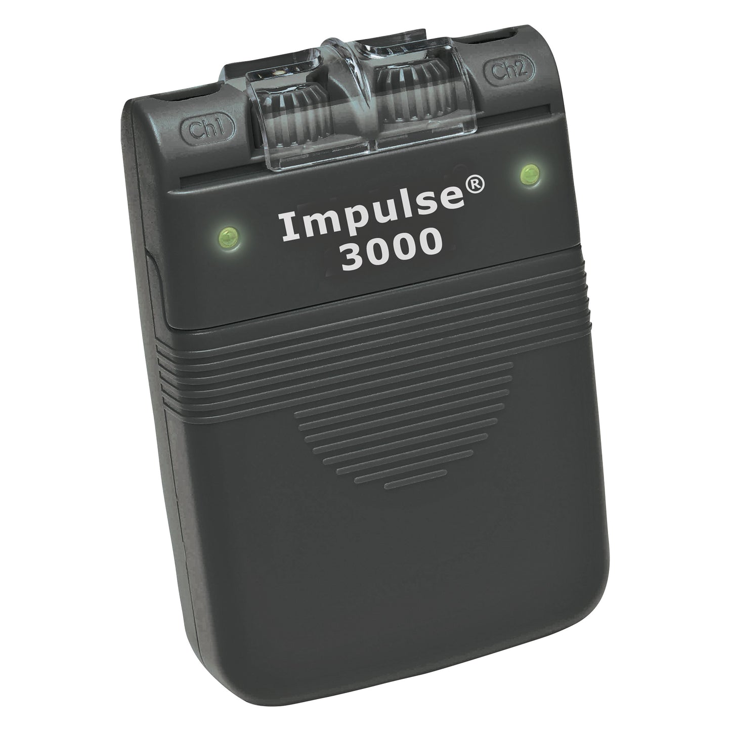 The Impulse 3000T TENS Unit is a rectangular device with a grey body, two dials, and glowing indicator lights.