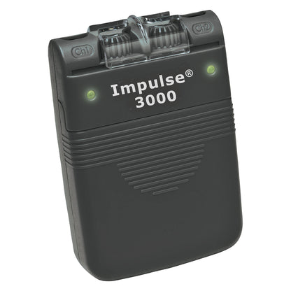 The Impulse 3000T TENS Unit is a rectangular device with a grey body, two dials, and glowing indicator lights.