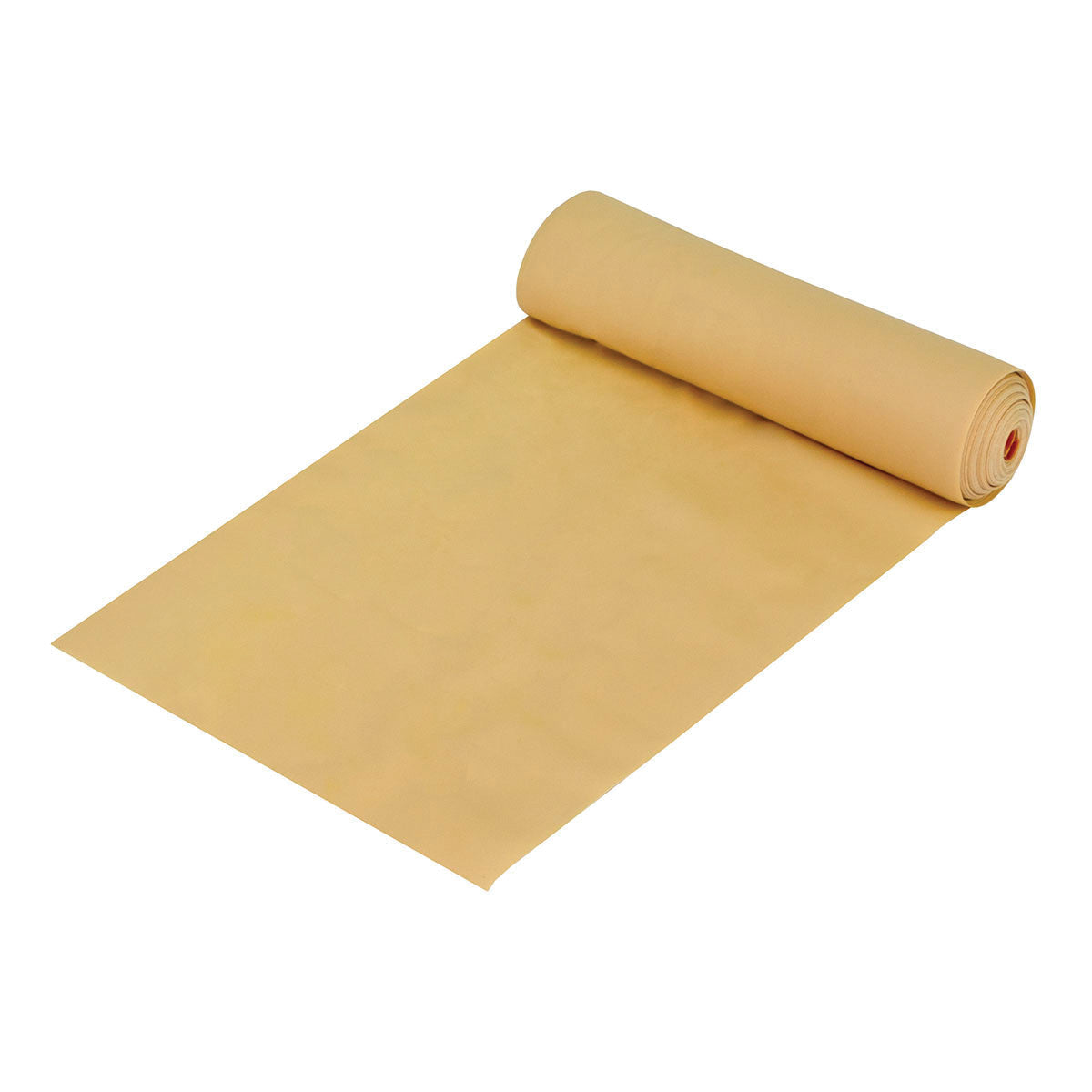 A roll of beige CanDo Val-U-Band Non-Latex Exercise Band partially unrolled on a white background.