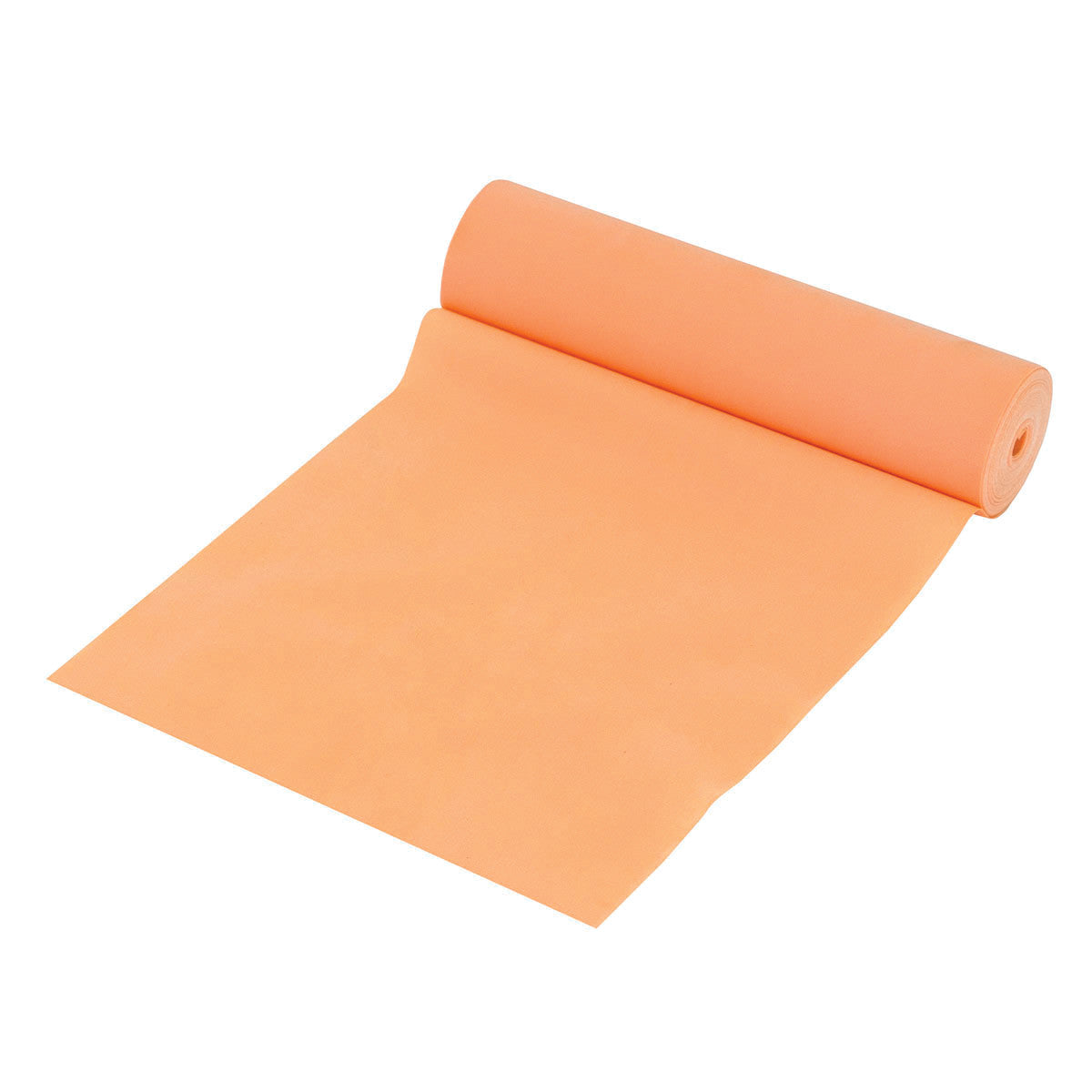 A roll of CanDo Val-U-Band Non-Latex Exercise Band in orange, partially unrolled, used for fitness and physical therapy exercises.