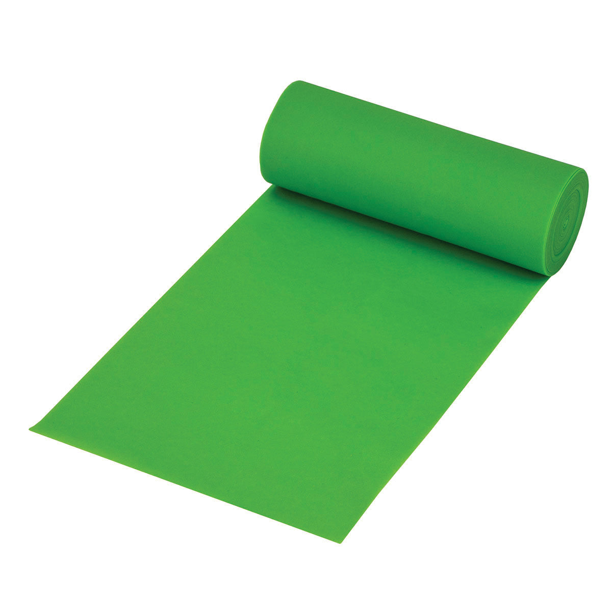 A roll of CanDo Val-U-Band Non-Latex Exercise Band in green, partially unrolled and lying flat on a white surface.