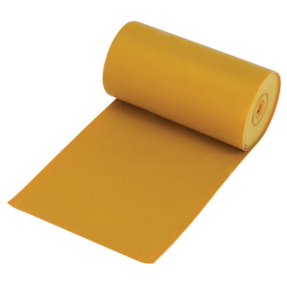 A roll of CanDo Val-U-Band Non-Latex Exercise Band in yellow, partially unrolled on a white background.