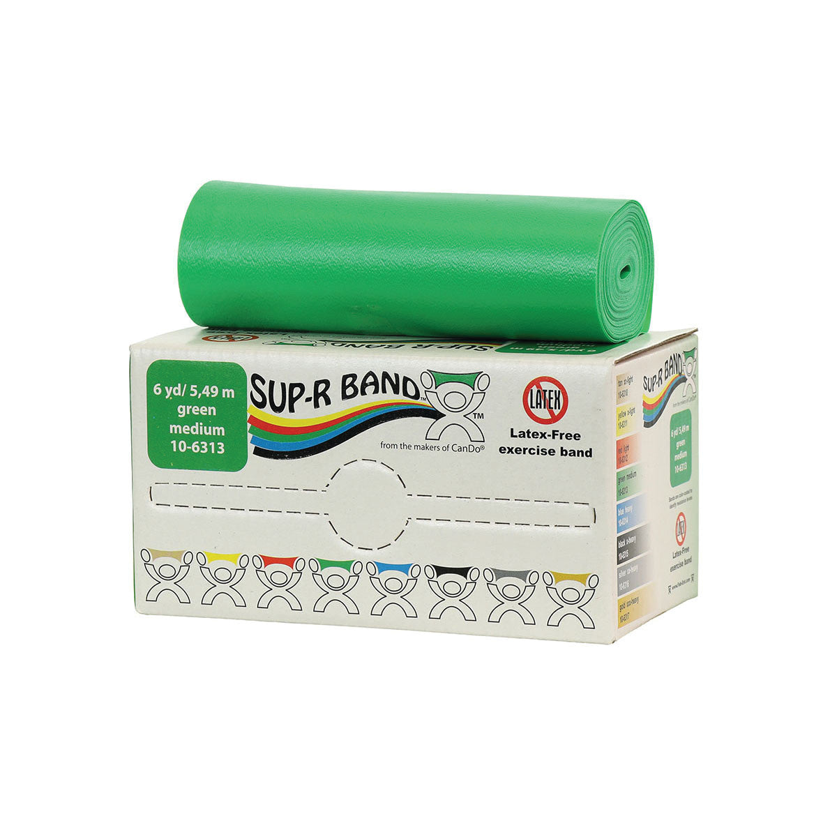 A green CanDo Sup-R Band Non-Latex Exercise Band is displayed on its packaging box with colorful design elements.