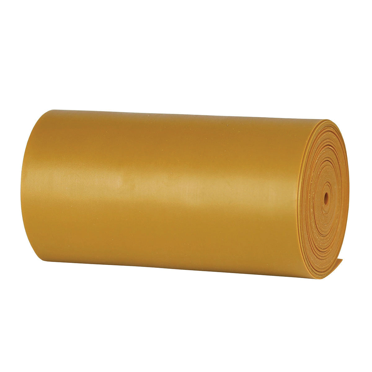 A yellow roll of CanDo Sup-R Band Non-Latex Exercise Band is shown, made from a smooth, flexible material for fitness and therapy.