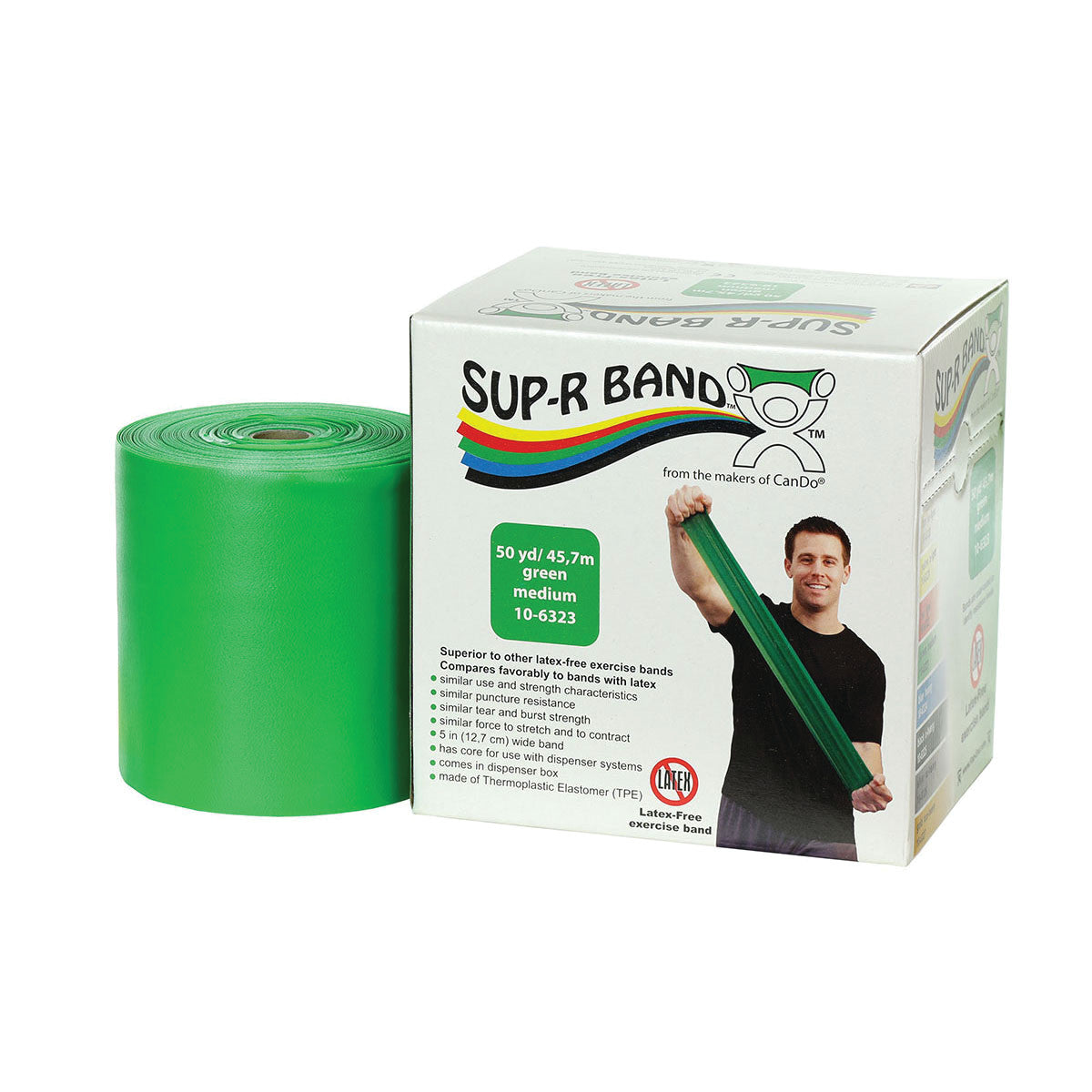 The CanDo Sup-R Band Non-Latex Exercise Band is shown in green with its packaging featuring a person stretching the band.