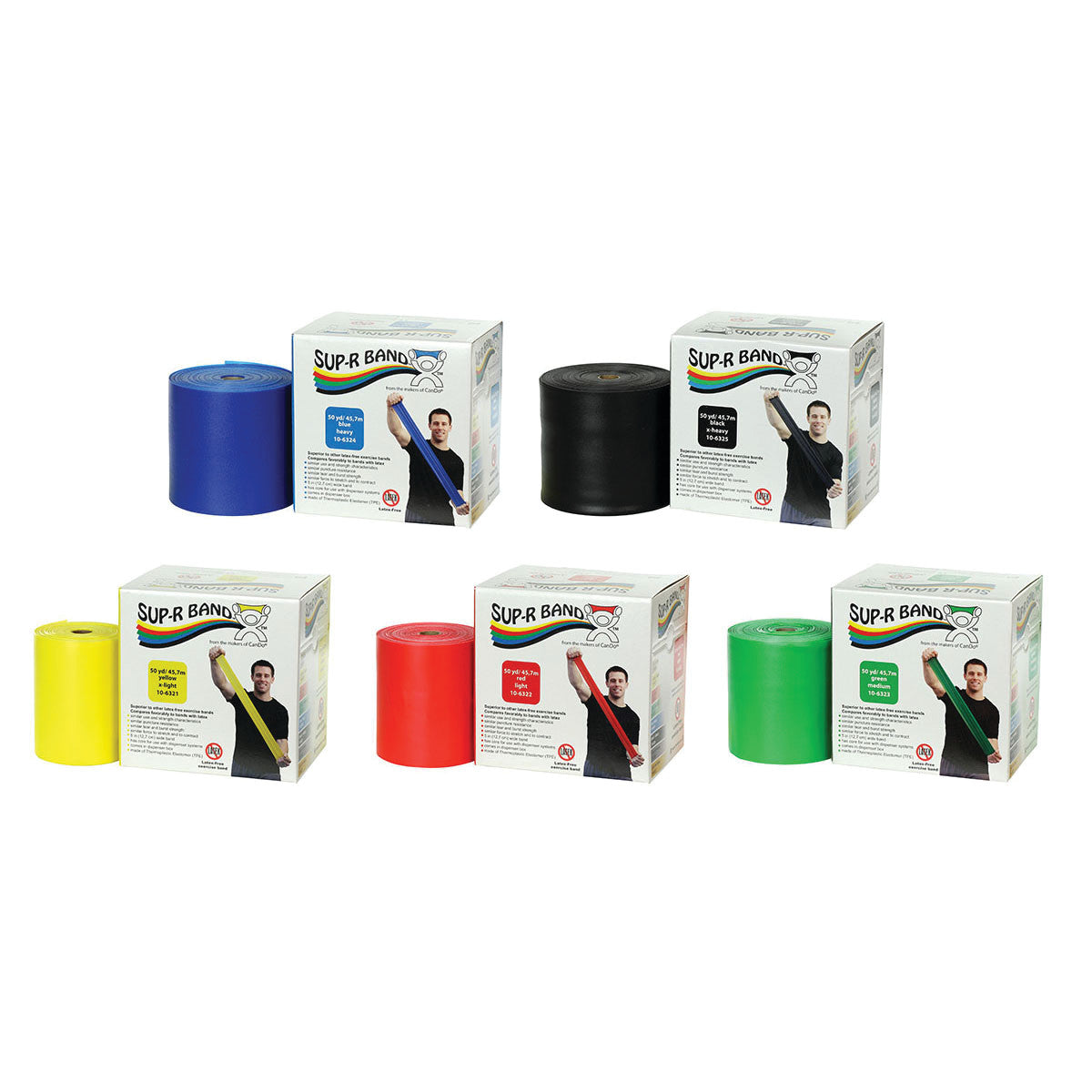 The CanDo Sup-R Band Non-Latex Exercise Band Set features five rolls of resistance bands in black, blue, green, red, and yellow.